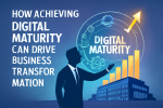 A business professional reaching towards an ascending bar graph with a digital maturity icon and tech-related symbols, representing how digital maturity drives business transformation.