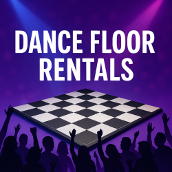 Image showcasing a checkered dance floor with silhouetted dancers, illuminated by colorful spotlight beams and the text 'DANCE FLOOR RENTALS' in bold white letters.