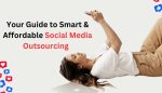 Woman lying down using a smartphone with a laptop beside her, representing smart and affordable social media outsourcing.