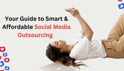 Woman lying down using a smartphone with a laptop beside her, representing smart and affordable social media outsourcing.
